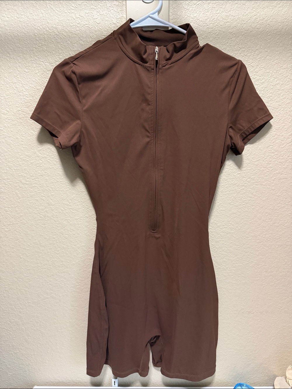 Brown Short-Sleeve Zip Romper